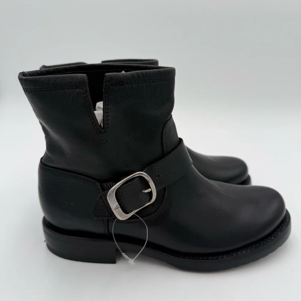 Frye Veronica Leather Moto Biker Ankle Boots Booties Buckle Black Size‎ 5.5 NWOT